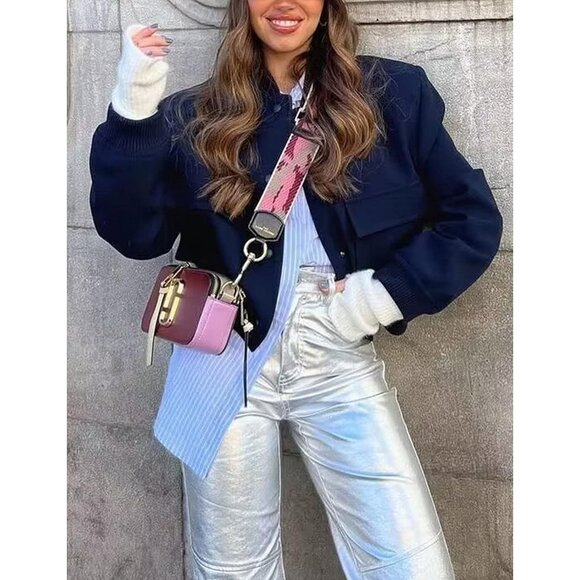 Women Dark blue Cropped Bomber Jacket Button Down Varsity Shacket with Pockets - Picture 3 of 5